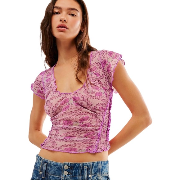 Free People Tops - Free People Lilac Combo Purple Pink Oh My Baby Lettuce Trim Ruffle Tee NWT XS
